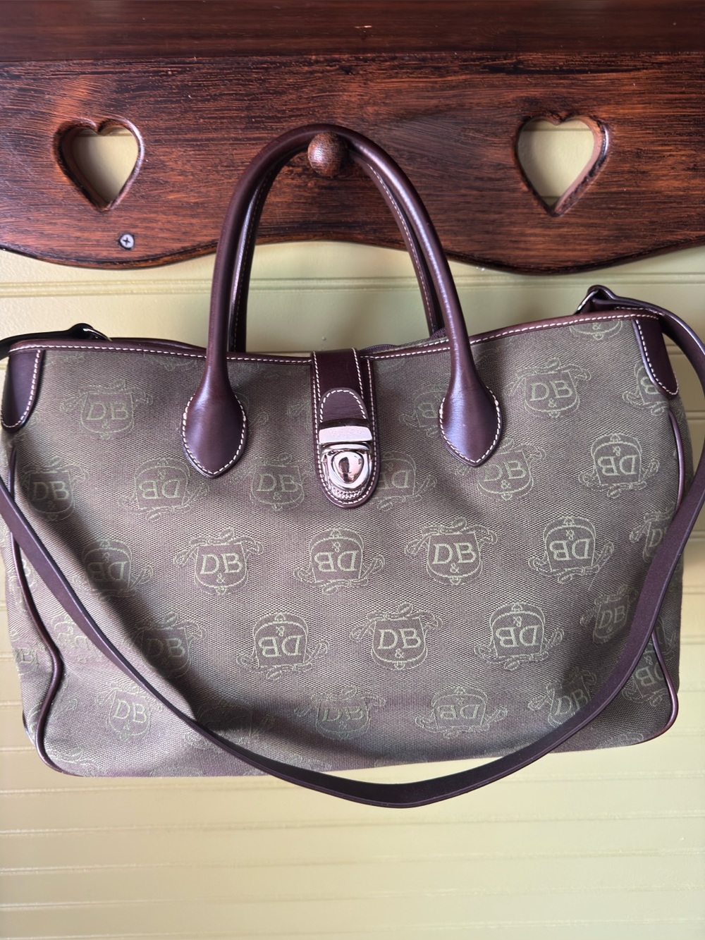 Dooney & Bourke Large Signature Satchel – Green Canvas & Brown Leather Trim –